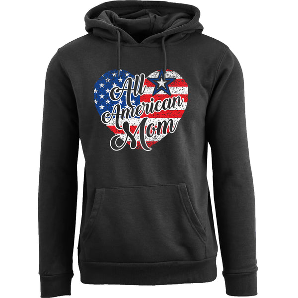 Women's 4th of July Pullover Hoodie - All American Mom with Heart Flag