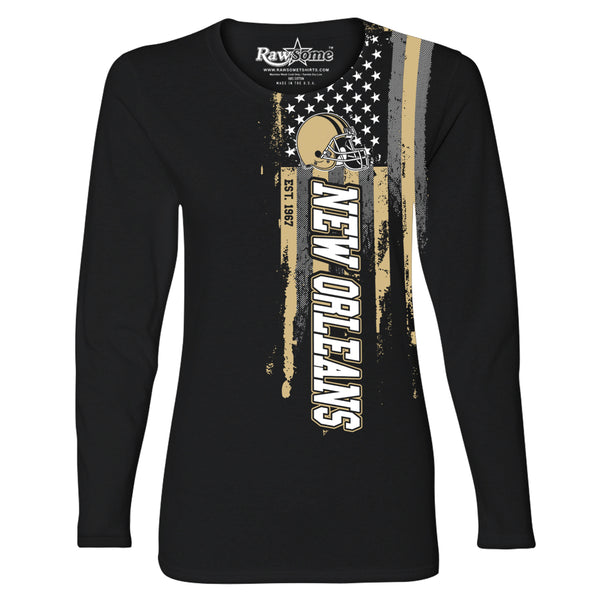 Women Football USA Flag Black Long Sleeve Shirt - New Orleans