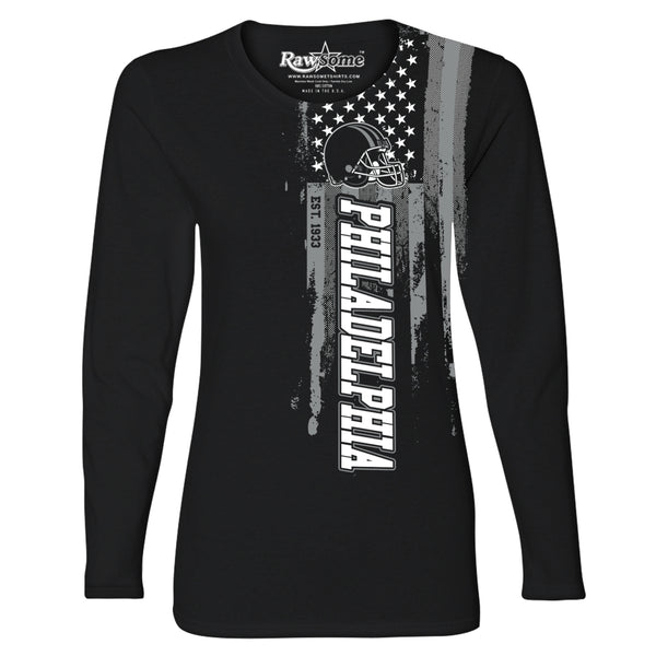 Women Football USA Flag Black Long Sleeve Shirt - Philadelphia