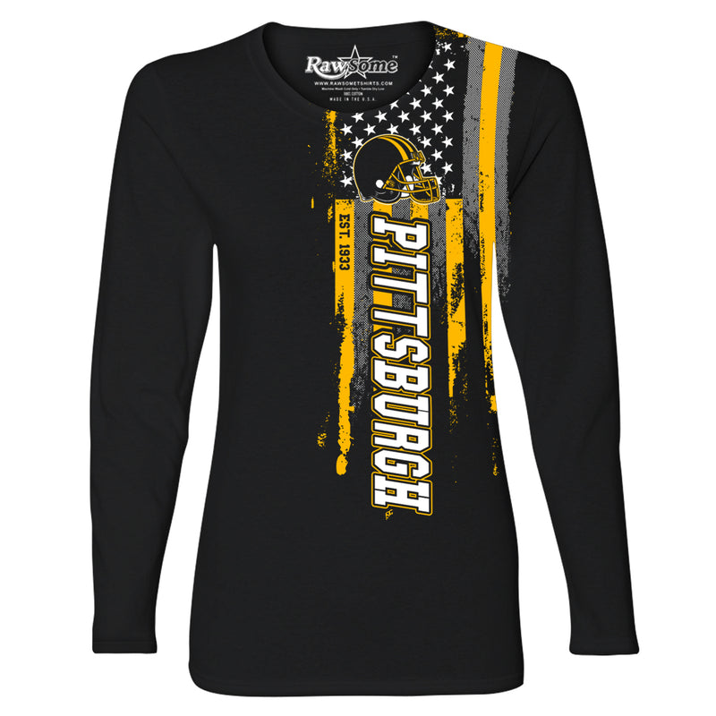 Women Football USA Flag Black Long Sleeve Shirt - Pittsburgh