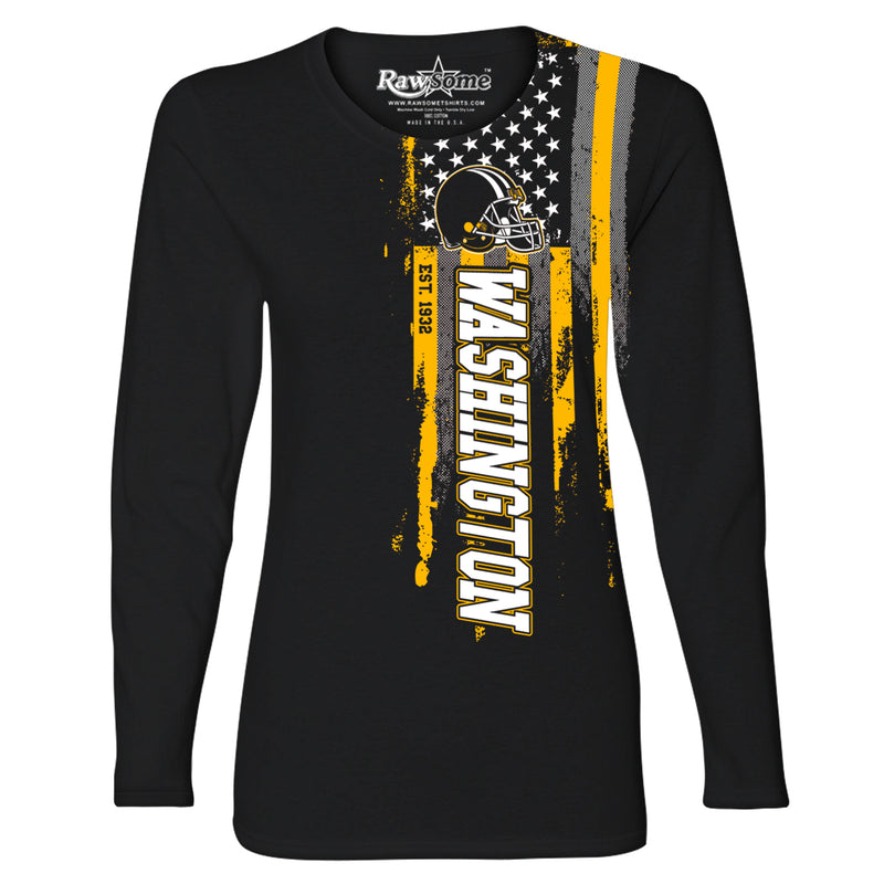 Women Football USA Flag Black Long Sleeve Shirt - Washington