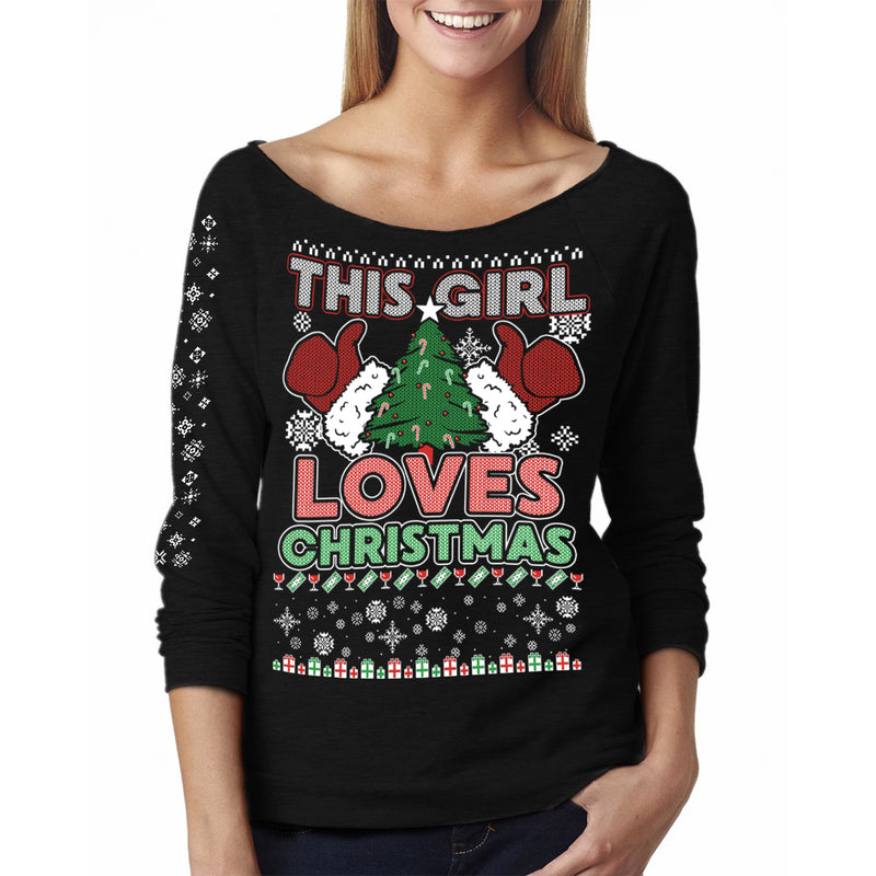 Women  Christmas - This Girl Loves Christmas Off The Shoulder 3/4 Top