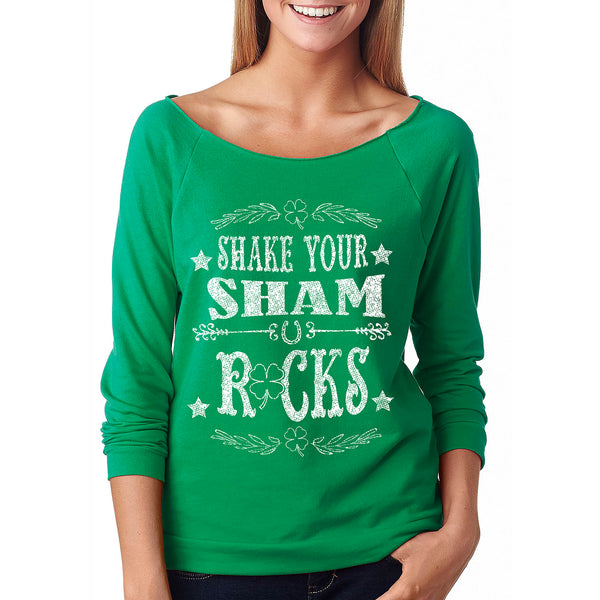 Women's St. Patrick's Day Lucky French Terry Off The Shoulder 3/4 Top - Shake Your Sham Rocks