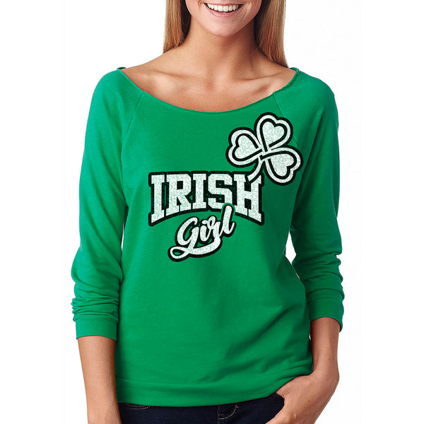 Women's St. Patrick's Day Lucky French Terry Off The Shoulder 3/4 Top - Irish Girl