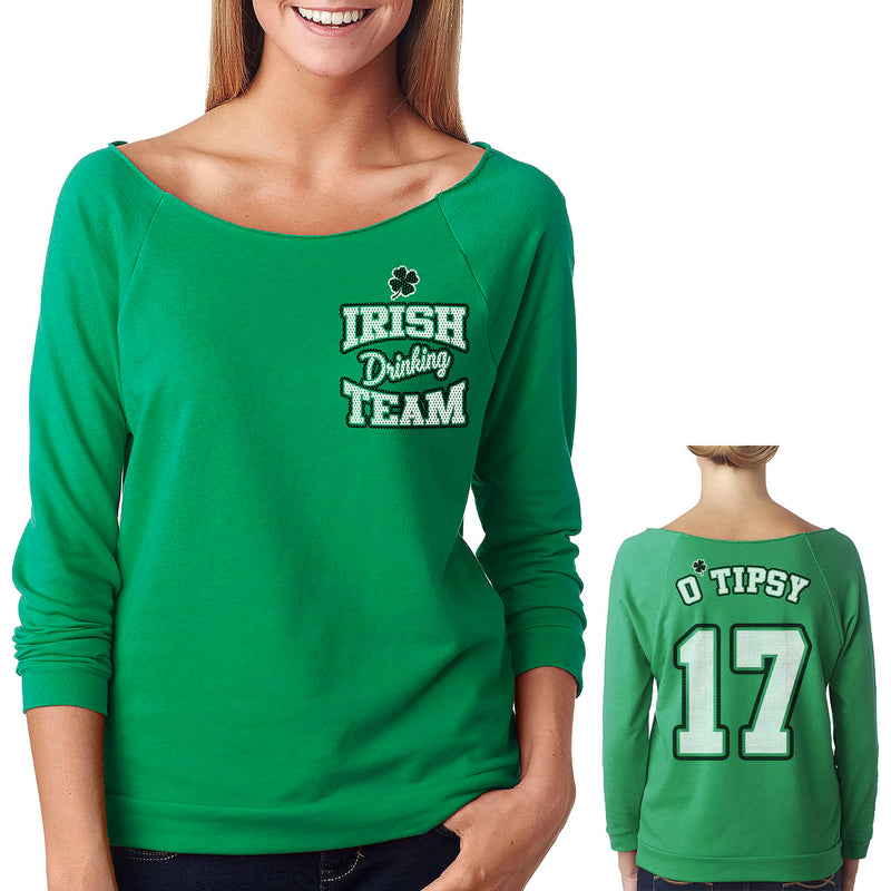 Women's St. Patrick's Day Lucky French Terry Off The Shoulder 3/4 Top - O' Tipsy