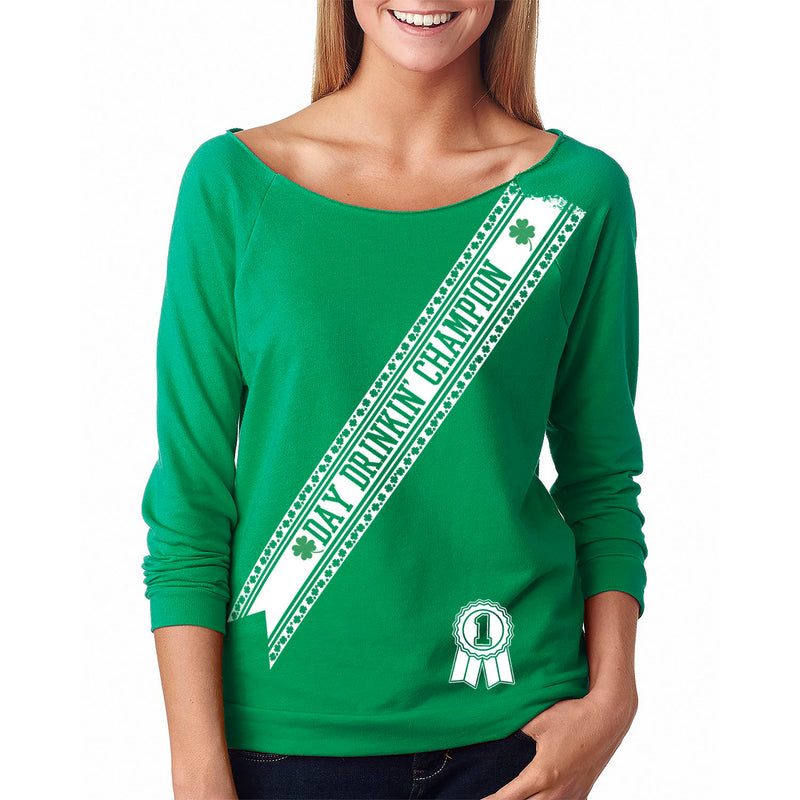 Women's St. Patrick's Day Lucky French Terry Off The Shoulder 3/4 Top - Day Drinkin Campion Ribbon