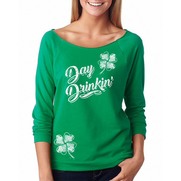 Women's St. Patrick's Day Lucky French Terry Off The Shoulder 3/4 Top - Day Drinkin with Two Clovers