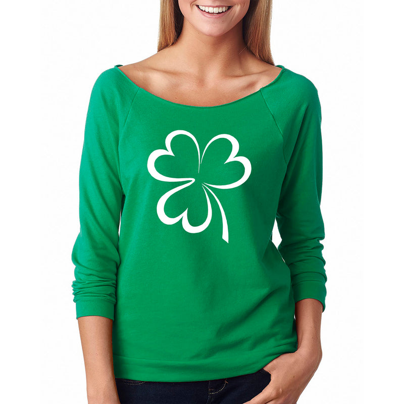 Women's St. Patrick's Day Lucky French Terry Off The Shoulder 3/4 Top - Single Clover