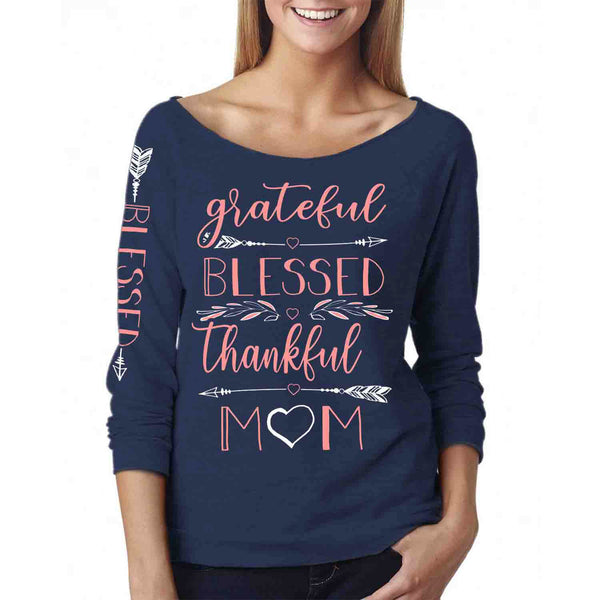 Women - Grateful Blessed Thankful Mom Off The Shoulder 3/4 Top L/S