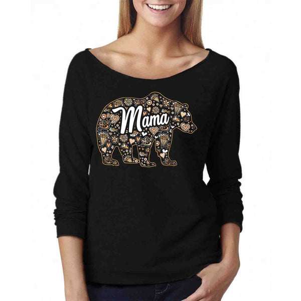 Women - Mama Bear Bouquet Pattern Off The Shoulder 3/4 Top L/S