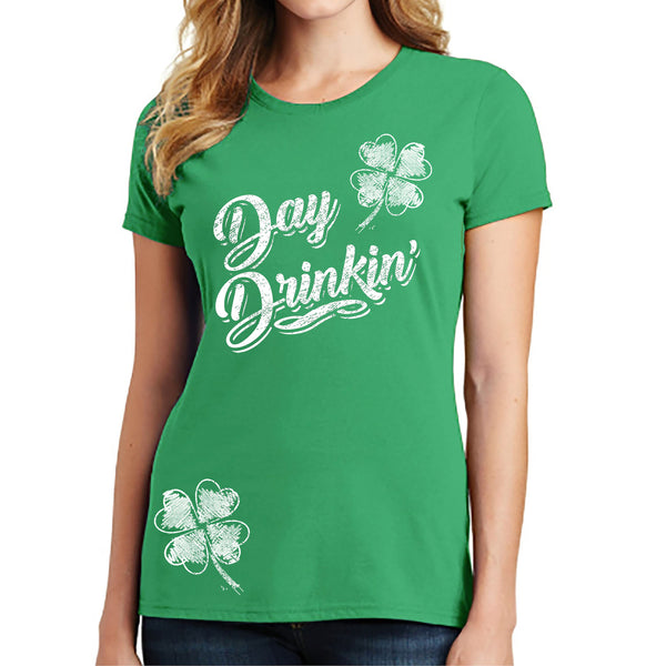 Women's St. Patrick's Day Lucky T-Shirts - Day Drinkin with Two Clovers