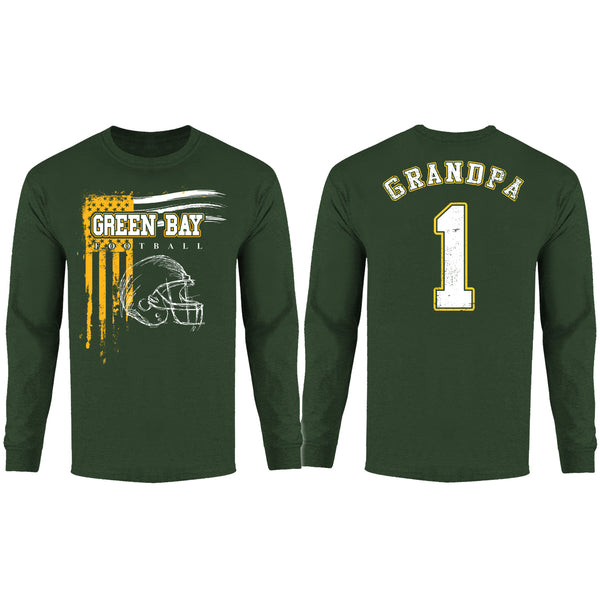 Men's Grandpa #1 Vintage USA Flag Football Long Sleeve Shirt - Green Bay